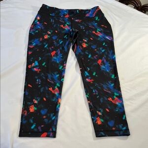 Kirkland Signature Black Capri Leggings with Blue, Red, Purple & Teal Accents